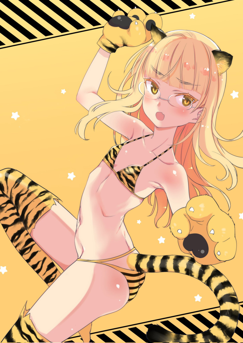1girl 2022 animal_ears animal_hands animal_print aohashi_ame armpits ass bikini blonde_hair blush breasts chinese_zodiac collarbone glasses gloves highres long_hair looking_at_viewer navel open_mouth paw_gloves perrine_h._clostermann shiny shiny_hair shiny_skin small_breasts solo strike_witches swimsuit tail thigh-highs tiger_ears tiger_print tiger_tail world_witches_series year_of_the_tiger yellow_eyes