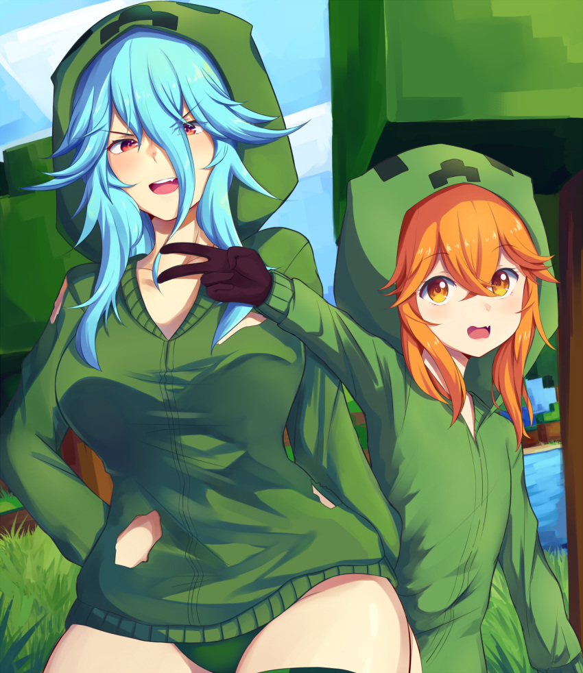 2girls black_gloves blue_hair blush borrowed_character breasts charged_creeper collarbone creeper cupa_(at2.) day eyebrows_visible_through_hair fang gloves green_hoodie green_panties highres hood hood_up hoodie large_breasts long_hair looking_at_viewer medium_hair minecraft multiple_girls open_mouth oppaniichan orange_eyes orange_hair outdoors panties personification red_eyes skin_fang smile teeth torn_hoodie underwear upper_teeth v