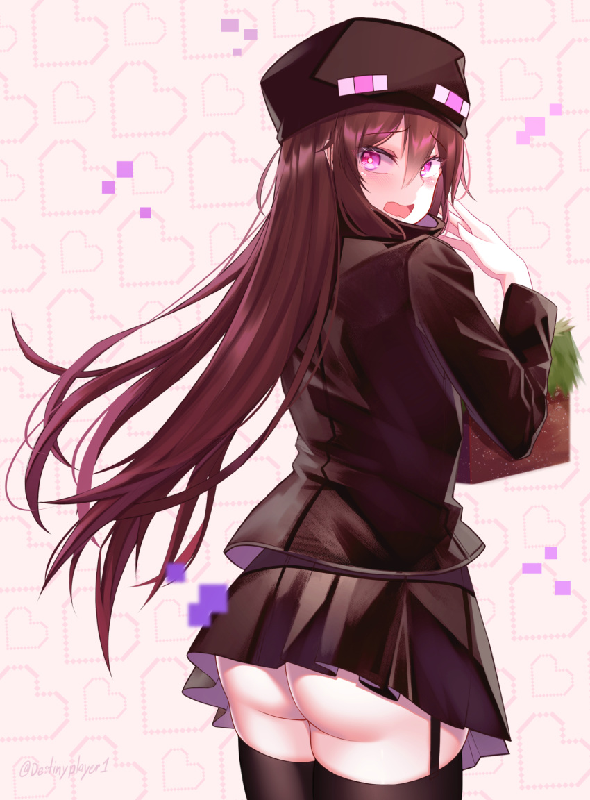 1girl ander_(at2.) ass black_legwear black_skirt blush borrowed_character brown_hair destinyplayer1 embarrassed enderman eyebrows_visible_through_hair from_behind garter_straps highres long_hair long_sleeves looking_at_viewer minecraft open_mouth personification pleated_skirt skirt solo thigh-highs violet_eyes