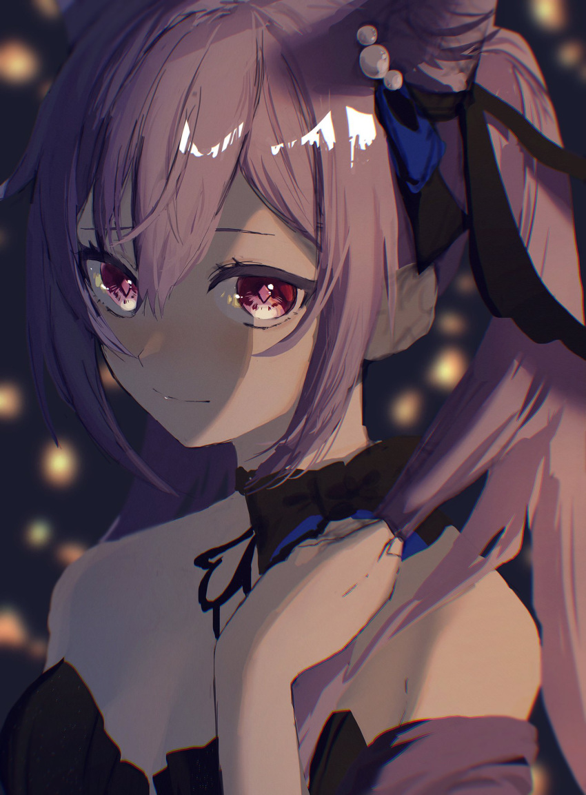 1girl bangs black_bow black_ribbon bow closed_mouth genshin_impact hair_between_eyes hair_cones hair_ornament hair_over_shoulder hair_ribbon highres keqing_(genshin_impact) long_hair looking_at_viewer nagikiho purple_hair red_eyes ribbon shiny shiny_hair sketch smile solo strapless twintails upper_body