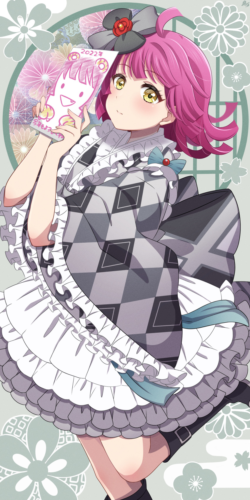 1girl 2022 absurdres ahoge apron argyle argyle_kimono black_footwear blunt_ends blush boots bow closed_mouth drawing expressionless eyebrows_visible_through_hair flower frilled_apron frills grey_kimono hair_bow hair_flower hair_ornament highres japanese_clothes kimono knee_boots looking_at_viewer love_live! love_live!_nijigasaki_high_school_idol_club pink_hair pukonuu short_hair sketchbook solo tennouji_rina wa_maid waist_apron white_apron wide_sleeves yellow_eyes