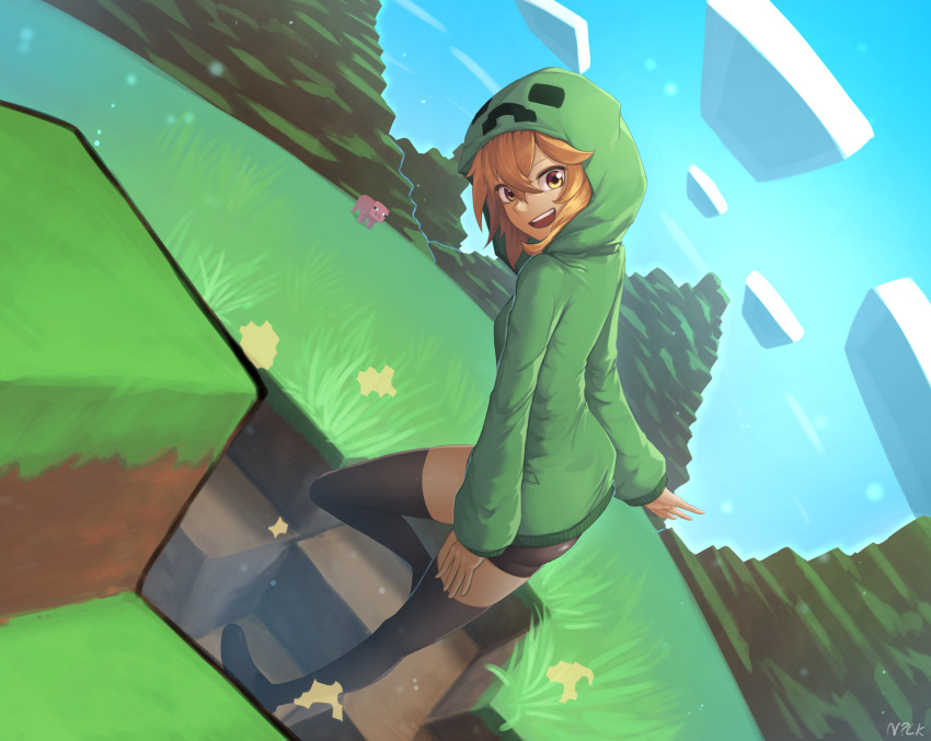 1girl absurdres black_legwear blush borrowed_character commentary creeparka creeper cupa_(at2.) day english_commentary eyebrows_visible_through_hair green_hoodie highres hood hoodie looking_at_viewer medium_hair minecraft nyxkz open_mouth orange_eyes orange_hair outdoors personification smile solo teeth thigh-highs upper_teeth