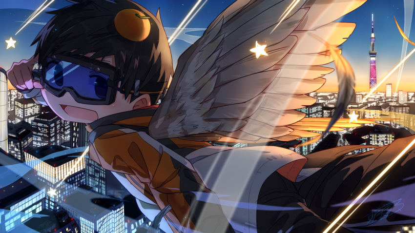 1boy absurdres building child city city_lights cityscape close-up commentary_request flying highres looking_at_viewer night open_mouth original outdoors scenery sky skyline skyscraper wings zutabo2
