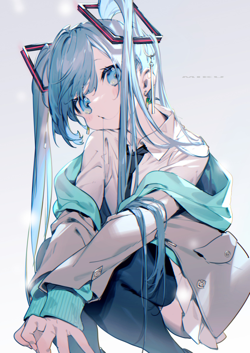 1girl bangs bare_shoulders blue_eyes blue_hair blue_neckwear blush bukurote character_name collared_shirt commentary earrings grey_background hair_ornament hatsune_miku highres jacket jewelry long_hair long_sleeves looking_at_viewer miniskirt necktie off_shoulder pleated_skirt shirt short_sleeves simple_background skirt sleeves_past_wrists smile solo spring_onion spring_onion_earrings squatting thigh-highs twintails vocaloid white_shirt