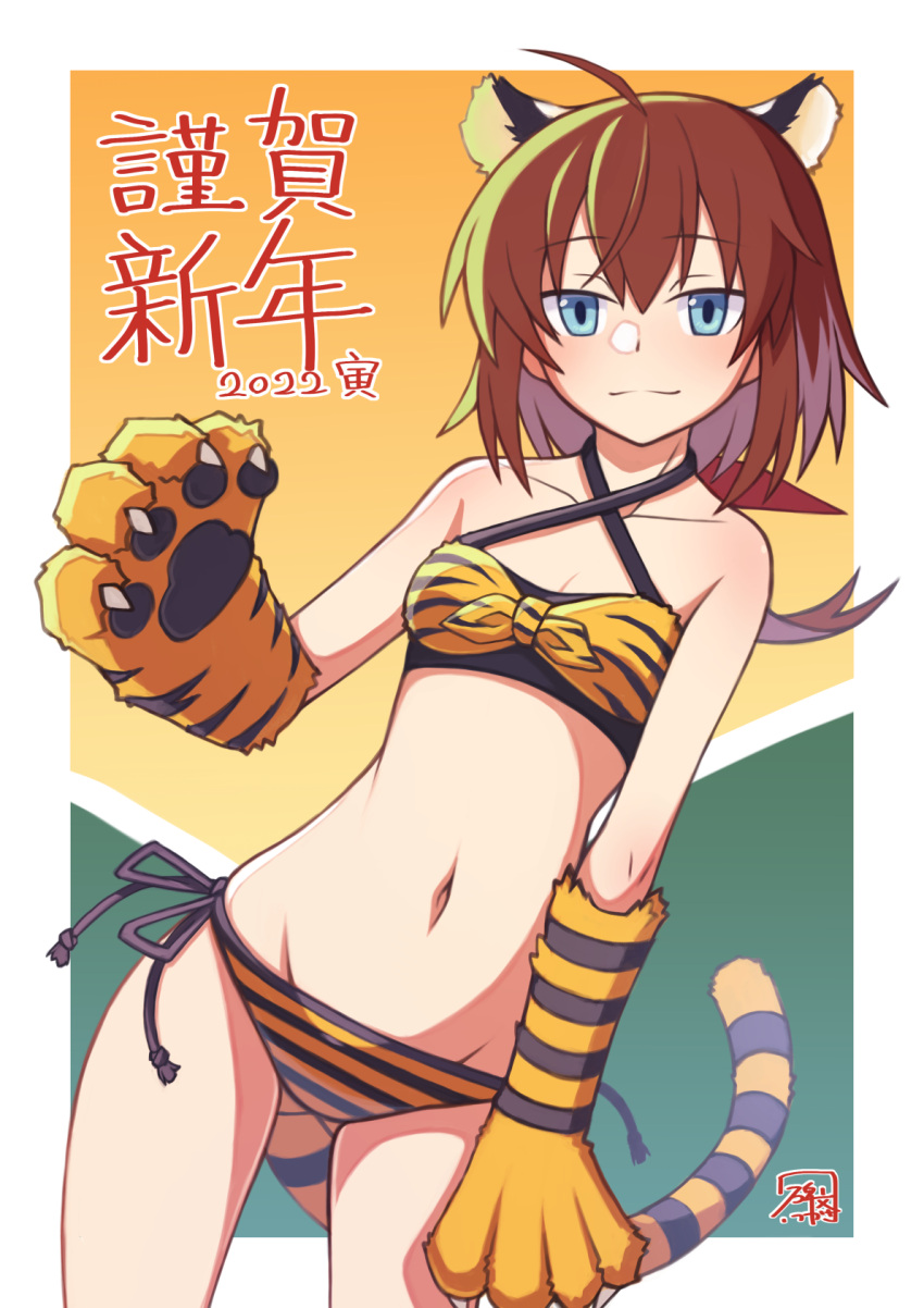 1girl 2022 ahoge animal_ears animal_hands animal_print artist_name bangs bikini blue_eyes breasts brown_hair closed_mouth commentary cowboy_shot criss-cross_halter dutch_angle gloves groin halterneck happy_new_year hibun_tsukasa highres looking_at_viewer lyrical_nanoha mahou_shoujo_lyrical_nanoha mahou_shoujo_lyrical_nanoha_a's mahou_shoujo_lyrical_nanoha_a's_portable:_the_battle_of_aces material-s navel nengajou new_year orange_bikini orange_gloves outside_border paw_gloves print_bikini print_gloves short_hair side-tie_bikini signature small_breasts smile solo standing striped striped_bikini swimsuit tail tiger_ears tiger_print tiger_tail translated