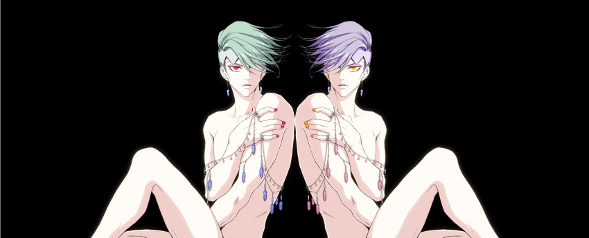 2boys black_background crystal diamond_wa_kudakenai earrings green_hair hair_over_one_eye highres jewelry jojo_no_kimyou_na_bouken kishibe_rohan male_focus multiple_boys nail_polish nude palette_swap pink_eyes purple_hair red_nails reflection string_of_jewels sumo_(komokomo1201) undercut yellow_eyes yellow_nails