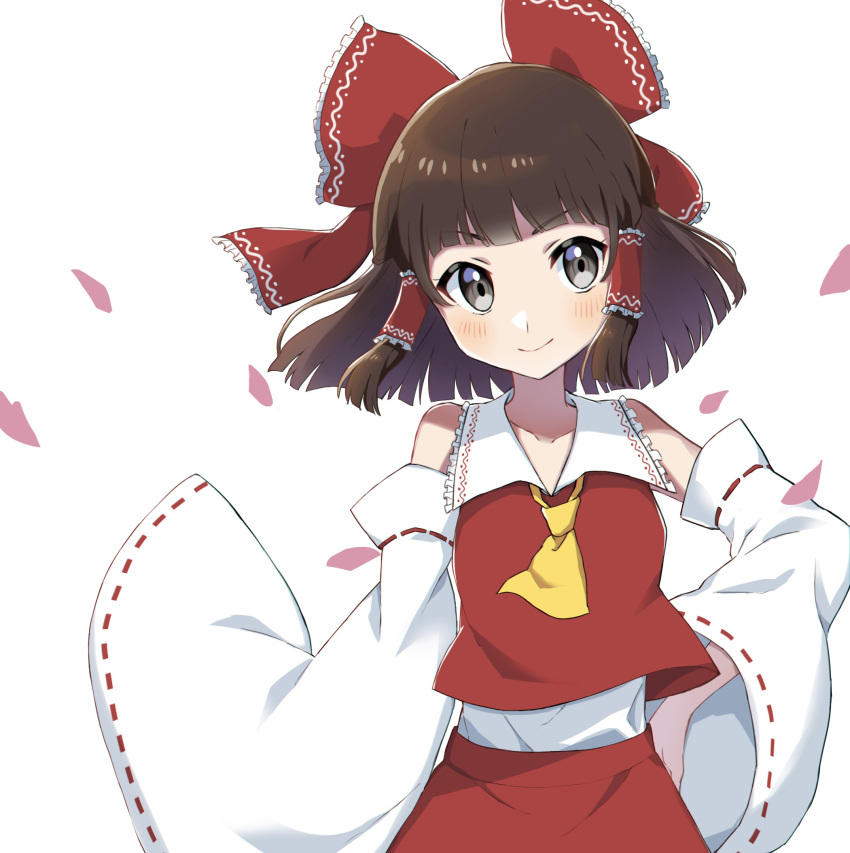 1girl ascot bare_shoulders blue_bow bow brown_eyes closed_mouth commentary detached_sleeves hair_bow hair_tubes hakurei_reimu hand_on_hip highres looking_at_viewer medium_hair miz_(mizillustration) nontraditional_miko red_bow red_shirt red_skirt shirt sidelocks skirt smile solo touhou v-shaped_eyebrows white_sleeves yellow_ascot