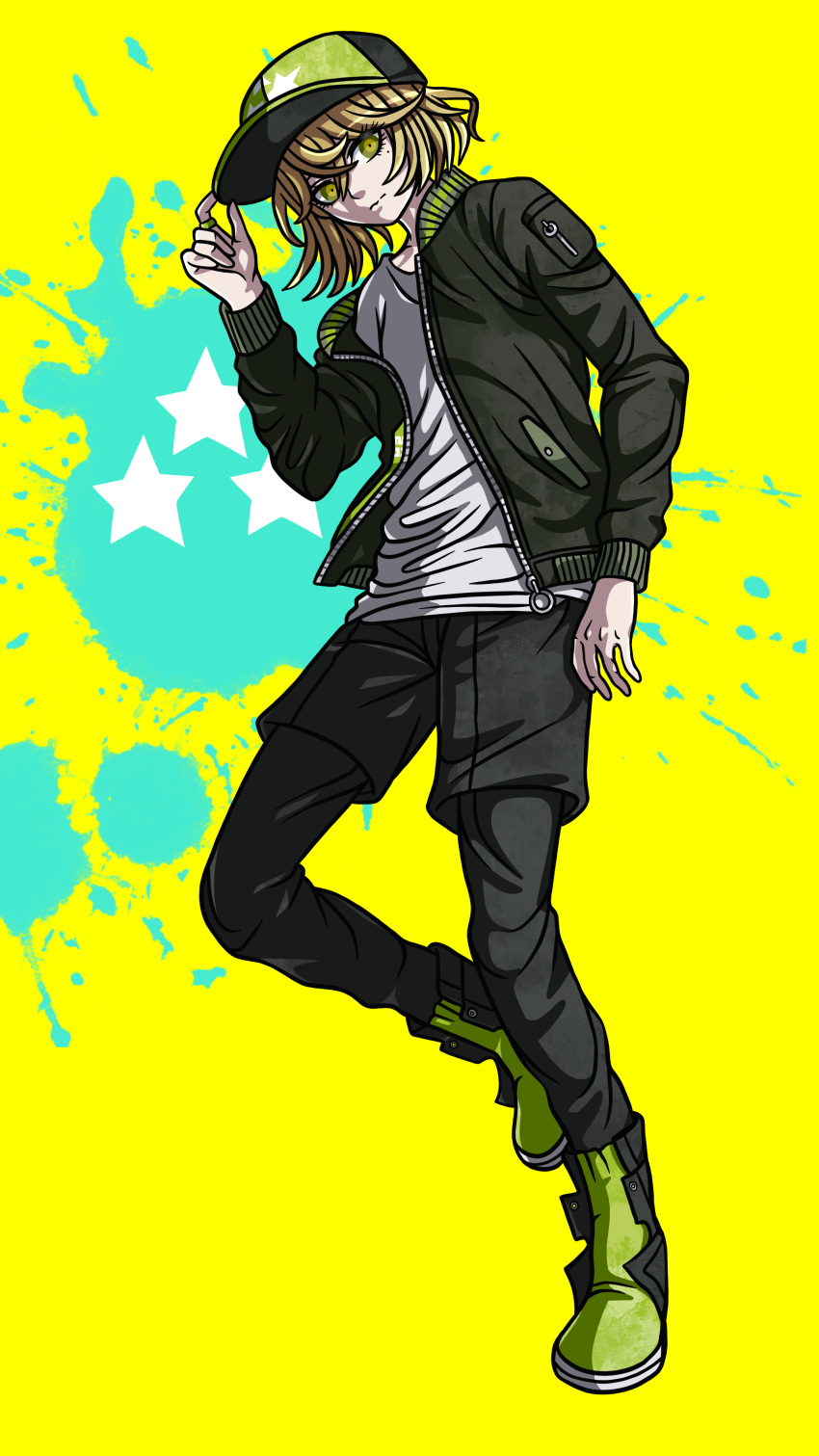 1boy absurdres angelstarxiii baseball_cap black_pants blonde_hair full_body green_footwear hair_between_eyes hat highres jacket jewelry looking_at_viewer medium_hair mole mole_under_eye pants pocket ring shirokane_haru shirt standing tribe_nine white_shirt yellow_background yellow_eyes zipper