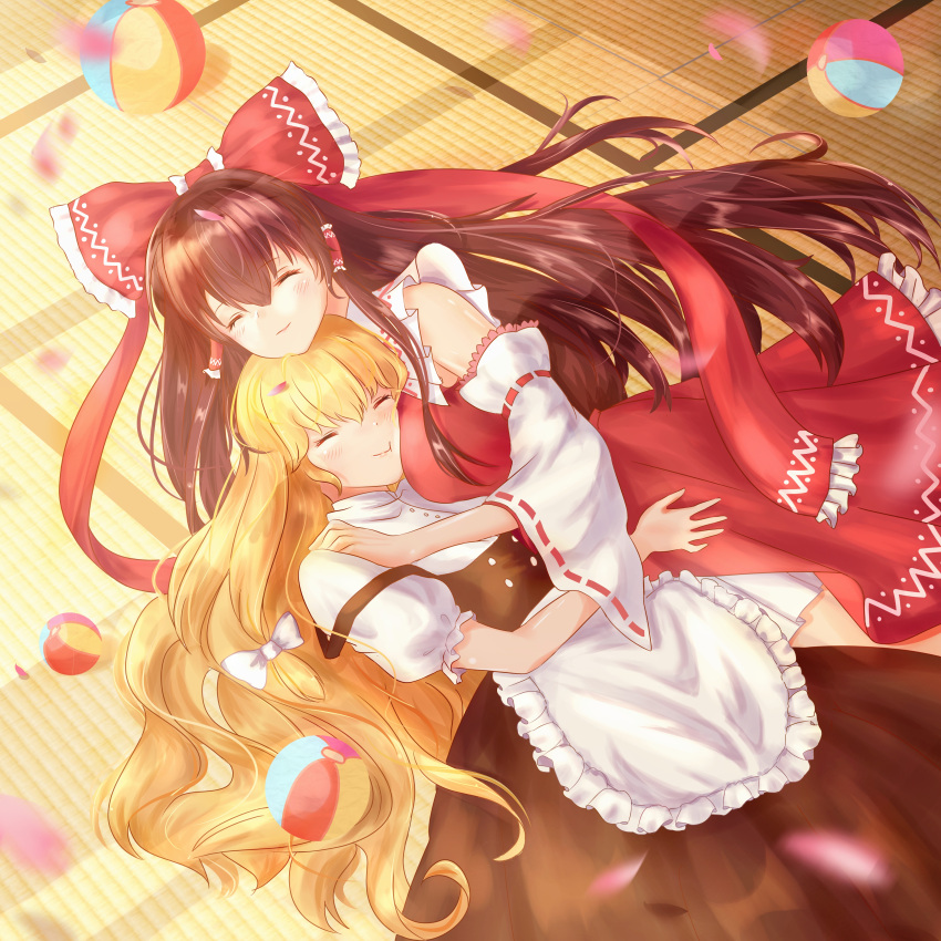 2girls absurdres apron blonde_hair bow breasts buttons closed_eyes closed_mouth collar detached_sleeves dress frilled_dress frills hair_bow hair_tubes hakurei_reimu hand_on_another's_shoulder head_on_head head_rest highres kirisame_marisa kurorei large_breasts long_hair multiple_girls nontraditional_miko puffy_sleeves red_bow red_shirt red_skirt ribbon-trimmed_sleeves ribbon_trim shirt sidelocks skirt sleeveless small_breasts smile touhou very_long_hair waist_apron white_bow white_collar yuri