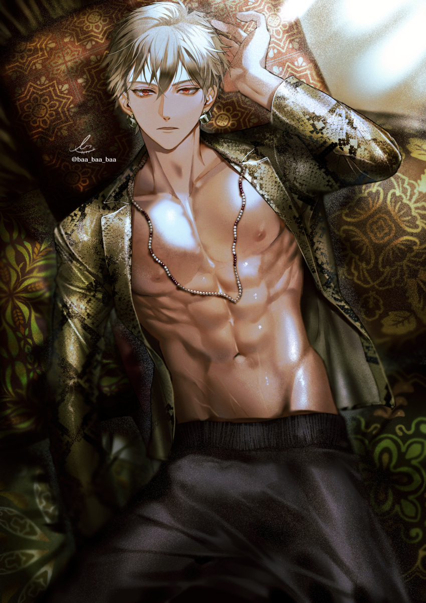 1boy bishounen black_pants collarbone earrings fate/stay_night fate_(series) gilgamesh_(fate) highres jacket jewelry long_sleeves looking_at_viewer male_focus navel nipples open_clothes open_jacket open_mouth pants red_eyes sakura_hitsuji short_hair silver_hair solo
