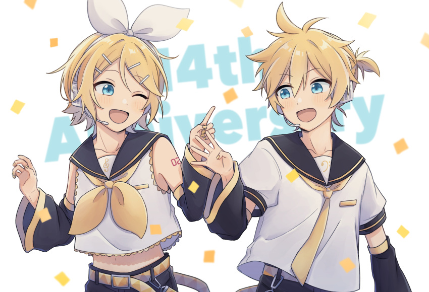 1boy 1girl :d ;d absurdres bangs belt_buckle black_sailor_collar black_sleeves blonde_hair blue_eyes bow brother_and_sister buckle collarbone collared_shirt detached_sleeves eyebrows_visible_through_hair hair_between_eyes hair_bow hairband headphones headset highres kagamine_len kagamine_rin long_sleeves microphone midriff nail_polish navel necktie one_eye_closed parted_bangs rei_(uupaa3) sailor_collar sailor_shirt shiny shiny_hair shirt short_hair siblings sleeveless sleeveless_shirt smile standing stomach vocaloid white_bow white_hairband white_shirt yellow_belt yellow_nails yellow_necktie