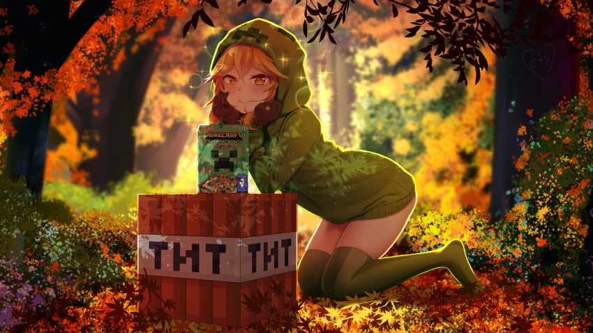 1girl black_gloves blush borrowed_character closed_mouth commentary creeparka creeper cupa_(at2.) day destinyplayer1 english_commentary eyebrows_visible_through_hair gloves green_hoodie green_legwear highres hood hoodie long_sleeves looking_at_viewer minecraft orange_eyes orange_hair outdoors personification smile solo thigh-highs