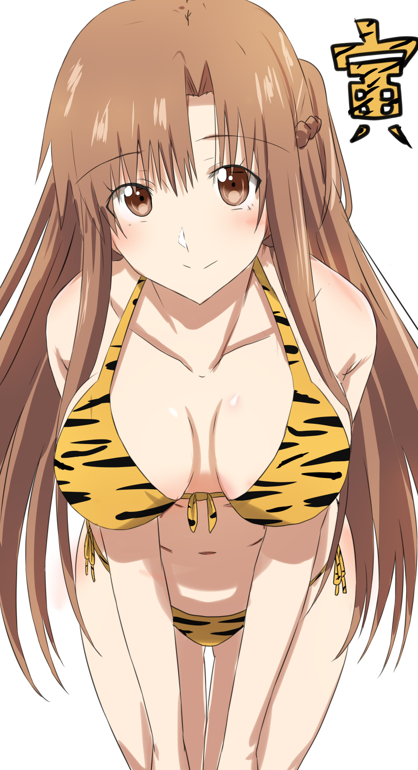 1girl absurdres animal_print asuna_(sao) bangs bikini blush braid breasts brown_eyes brown_hair chinese_zodiac closed_mouth collarbone commentary cowboy_shot ekaki_kukuma eyebrows_visible_through_hair front-tie_bikini front-tie_top halterneck hands_on_own_knees highres leaning_forward long_hair looking_at_viewer medium_breasts navel new_year orange_bikini print_bikini side-tie_bikini smile solo standing swimsuit sword_art_online thigh_gap tiger_print translated white_background year_of_the_tiger