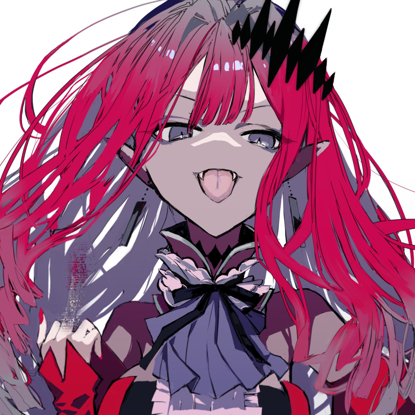 1girl bangs bare_shoulders breasts censored center_frills detached_collar detached_sleeves dress earrings fairy_knight_tristan_(fate) fangs fate/grand_order fate_(series) frills grey_eyes highres jewelry kaosketch large_breasts long_hair looking_at_viewer middle_finger open_mouth pink_hair pointy_ears red_dress sidelocks smile solo tiara tongue tongue_out