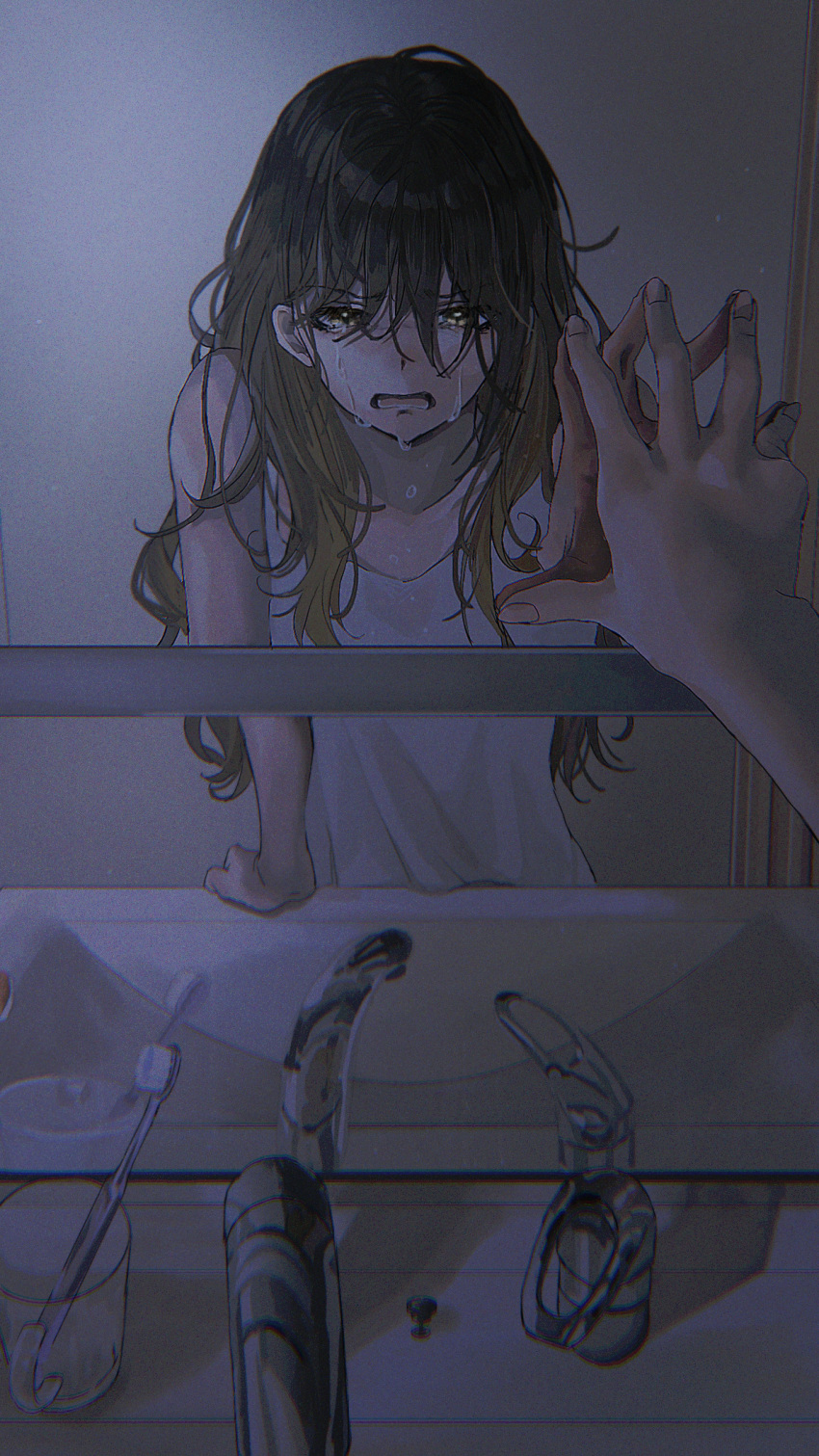 1girl bangs blonde_hair brown_hair crying crying_with_eyes_open cup fingernails gradient_hair hair_between_eyes hand_on_mirror highres leaning_on_table long_hair mirror multicolored_hair open_mouth original paddy_field reflection sink solo tank_top tears toothbrush white_tank_top yellow_eyes