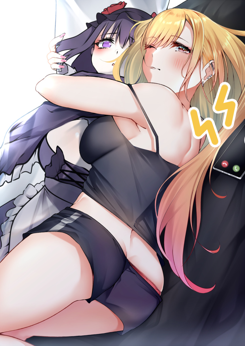 1girl apron ass bangs bare_shoulders bed_sheet black_shorts black_tank_top blonde_hair blush breasts cellphone character_doll colored_tips doll doll_hug dress ear_piercing earrings gyaru highres holding jewelry kitagawa_marin large_breasts len_(hand_linke) long_hair lying multicolored_hair object_hug on_side one_eye_closed phone piercing pink_nails purple_hair red_eyes short_shorts shorts sideboob smartphone sono_bisque_doll_wa_koi_wo_suru tank_top thighs violet_eyes