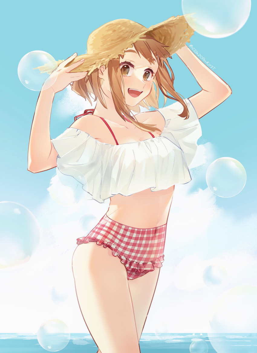 1girl :d absurdres bikini blue_sky boku_no_hero_academia brown_eyes brown_hair bubble clouds collarbone covered_navel cropped_shirt day floating_hair haruria_(hare_nochi_hana) high-waist_bikini highres ocean off-shoulder_shirt off_shoulder open_mouth outdoors plaid plaid_bikini red_bikini shirt short_hair_with_long_locks sidelocks sky smile solo standing summer swimsuit twitter_username uraraka_ochako white_shirt