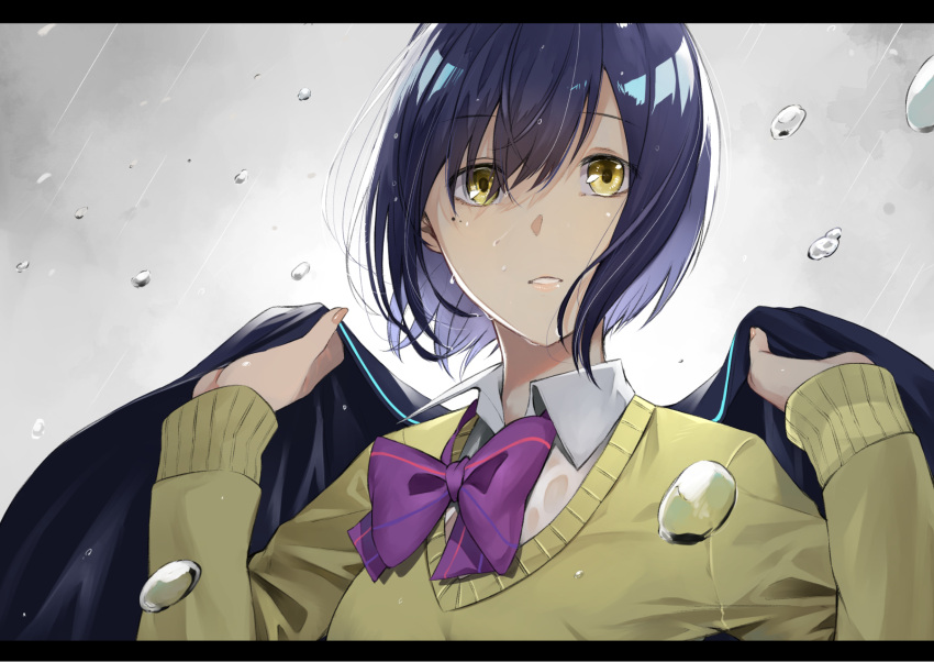 1girl bangs black_hair bow eyebrows_behind_hair eyebrows_visible_through_hair hair_between_eyes highres hitotose_hirune holding holding_clothes holding_jacket jacket looking_at_viewer nijisanji open_mouth rain ribbon school_uniform shizuka_rin short_hair solo sweater upper_body virtual_youtuber yellow_eyes