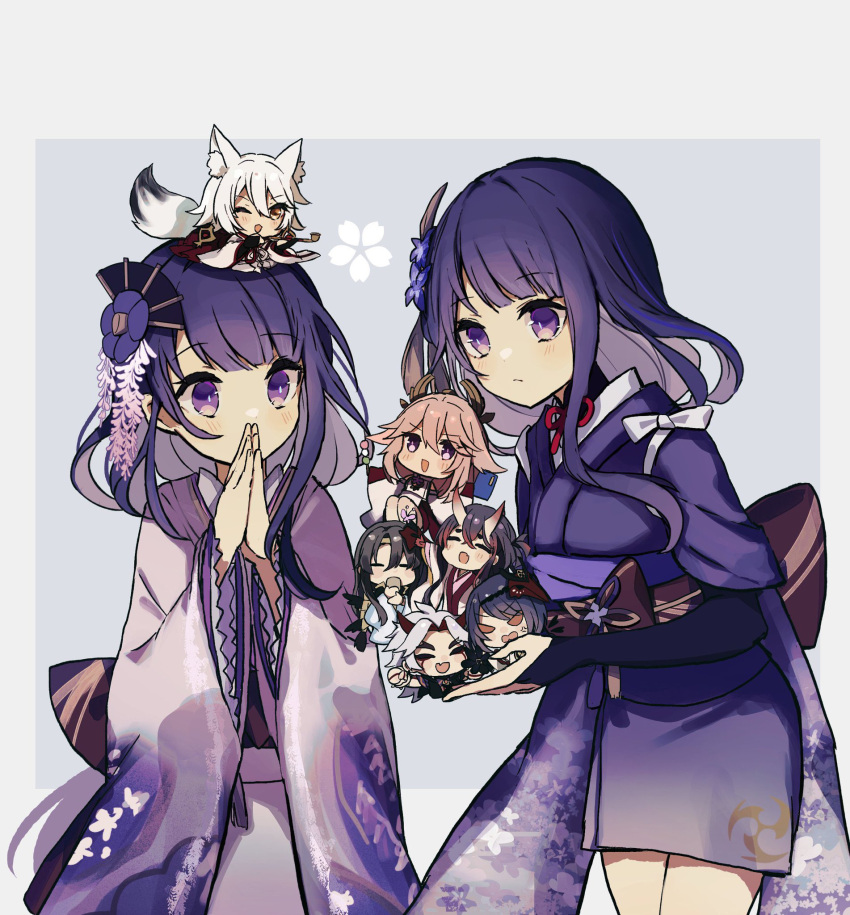 1225ka 2boys 6+girls animal_ears arataki_itto blush chibi closed_eyes cup demon_girl demon_horns drinking flower fox_ears fox_girl fox_tail genshin_impact hair_flower hair_ornament highres horns japanese_clothes kimono kitsune_saiguu kujou_sara long_sleeves mask mask_on_head miko multiple_boys multiple_girls one_eye_closed open_mouth own_hands_together purple_hair raiden_shogun siblings simple_background sisters smile tail tengu_mask twins violet_eyes white_background wide_sleeves yae_miko