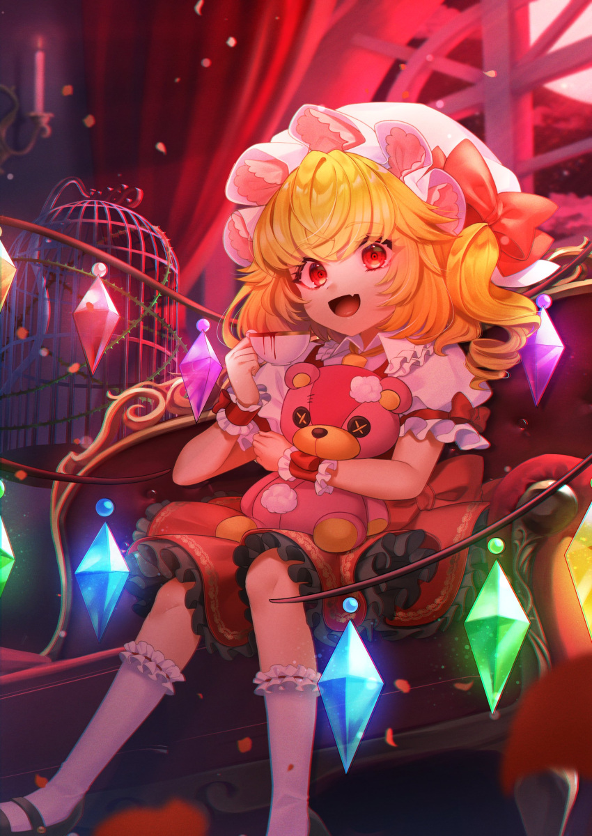 1girl :d absurdres ascot asymmetrical_hair bangs birdcage black_footwear blonde_hair blood blush bow cage commentary_request crystal cup dress drill_hair eyelashes fang flandre_scarlet frilled_dress frilled_legwear frilled_shirt_collar frilled_sleeves frills hat hat_bow highres holding holding_cup leshu_310 mary_janes mob_cap one_side_up open_mouth puffy_short_sleeves puffy_sleeves red_bow red_eyes red_ribbon ribbon ringed_eyes shoes short_hair_with_long_locks short_sleeves sitting skin_fang smile socks solo stuffed_animal stuffed_toy teacup teddy_bear tongue touhou white_headwear white_legwear window wings wrist_cuffs yellow_ascot