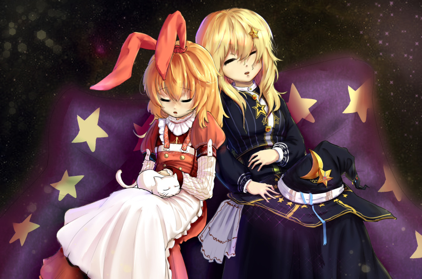 1boy 2girls :o adapted_costume animal animal_ears animal_on_lap apron black_dress black_headwear blonde_hair bloody_cuke blue_ribbon bow buttons cape cat cat_on_lap closed_eyes collar commentary_request crescent crescent_pin dress ellen_(touhou) eyebrows_visible_through_hair fake_animal_ears frilled_apron frilled_collar frilled_neckwear frills hair_ornament hair_ribbon hat hat_removed hat_ribbon headwear_removed highres kirisame_marisa layered_sleeves long_hair long_sleeves multiple_girls neck_ruff open_mouth puffy_short_sleeves puffy_sleeves purple_cape rabbit_ears red_dress red_ribbon ribbon short_over_long_sleeves short_sleeves sitting skirt sleeping sokrates_(touhou) star_(symbol) star_hair_ornament star_print striped striped_dress suspender_skirt suspenders touhou touhou_(pc-98) vertical-striped_dress vertical_stripes white_apron white_cat witch_hat