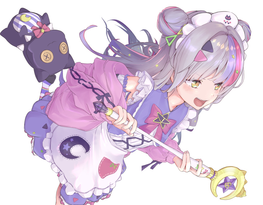 1girl :d apron character_doll detached_sleeves double_bun hair_ornament hairclip harapeko_zombie_inu highres holding holding_staff hololive jacket lolita_fashion long_hair magical_girl maid_headdress multicolored_hair murasaki_shion pink_hair pink_jacket purple_hair shiokko_(murasaki_shion) silver_hair sleeveless smile solo staff streaked_hair stuffed_animal stuffed_cat stuffed_toy sweet_lolita triangle_hair_ornament v-shaped_eyebrows virtual_youtuber w_arms white_apron yellow_eyes