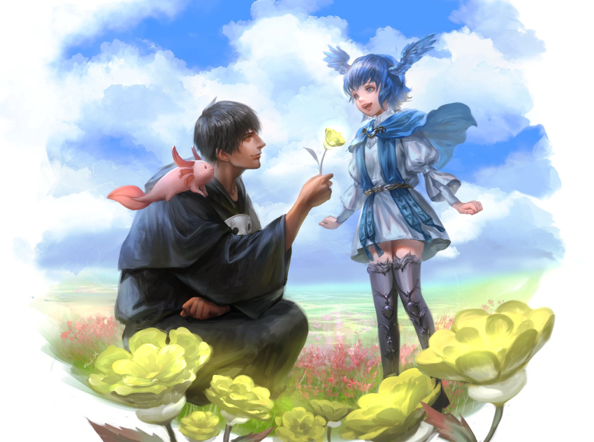 1boy 1girl animal_on_shoulder axolotl belt bird_legs bird_wings black_hair black_robe blue_capelet blue_dress blue_eyes blue_hair brooch capelet clenched_hand clouds cloudy_sky commentary dress eye_contact feathered_wings final_fantasy final_fantasy_xiv flower from_side full_body giving grass head_wings hermes_(ff14) highres holding holding_flower hood hood_down hooded_robe jewelry looking_at_another mask mask_removed meadow meteion mixed-language_commentary one_knee open_mouth outdoors short_hair sky smile standing wings yellow_flower youki_(3800869)