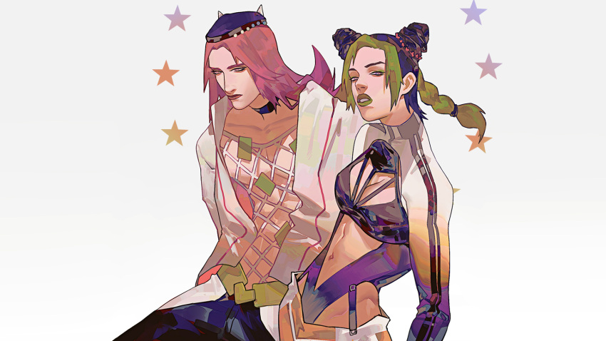 1boy 1girl alternate_costume black_hair braid double_bun fashion fishnet_top fishnets green_hair hat highleg highleg_leotard highres jacket jojo_no_kimyou_na_bouken kujo_jolyne leotard long_hair multicolored_hair narciso_anasui pink_hair qi_hui two-tone_hair white_jacket