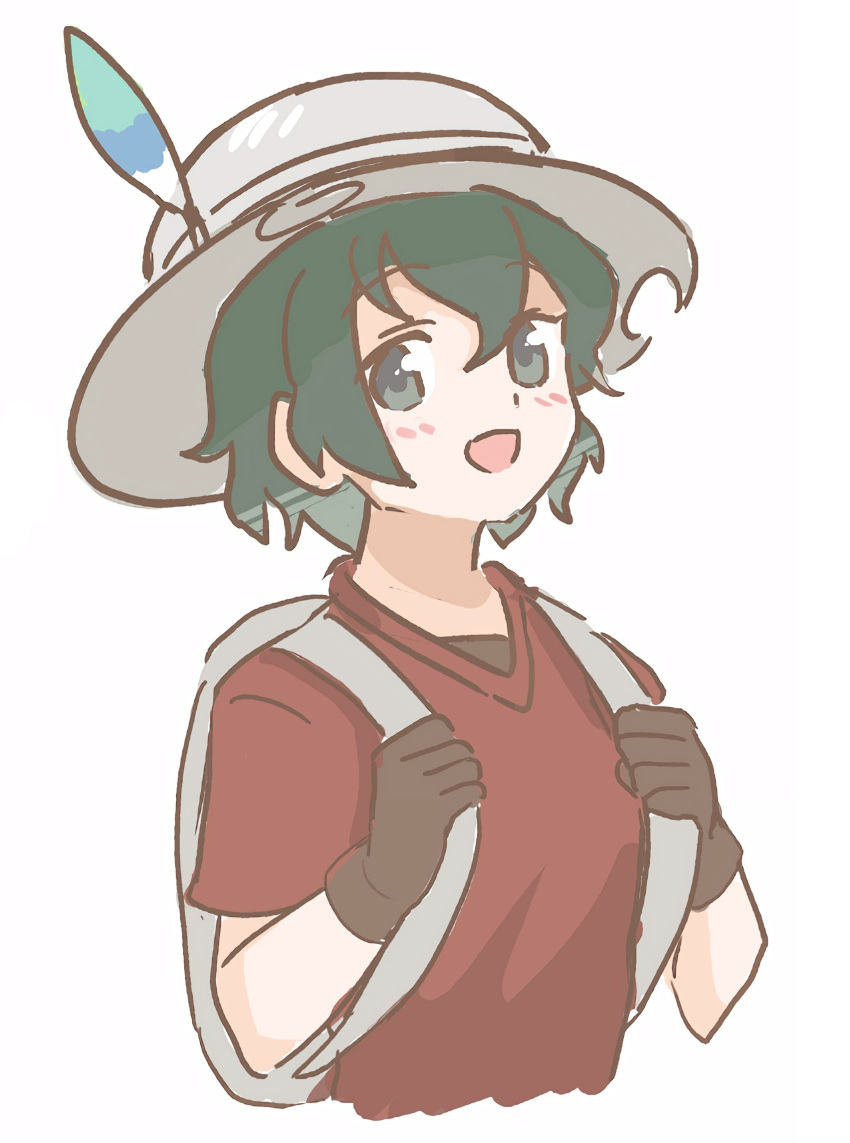 1girl backpack bag black_gloves black_hair blue_eyes blush commentary_request eyebrows_visible_through_hair gloves hat_feather helmet highres holding_strap kaban_(kemono_friends) kemono_friends looking_at_viewer open_mouth pith_helmet red_shirt shirt short_hair solo t-shirt tmtkn1 upper_body