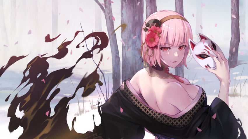 1girl back bangs bare_shoulders black_kimono blunt_bangs breasts choker comb flower fox_mask hair_flower hair_ornament hairband holding holding_mask hololive hololive_english japanese_clothes kimono large_breasts looking_back mask mori_calliope natsume_yochiki no_bra off_shoulder official_alternate_costume orange_hairband outdoors parted_lips petals pink_eyes pink_flower pink_hair smile smoke snow solo tree upper_body virtual_youtuber