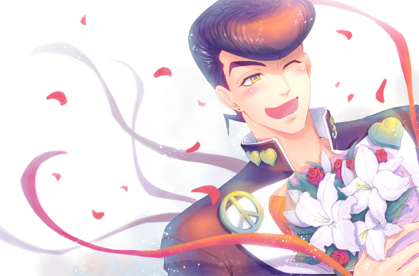 1boy :d anchor_ornament blush bouquet cowlick diamond_wa_kudakenai flower gakuran heart higashikata_josuke jojo_no_kimyou_na_bouken lily_(flower) lips male_focus one_eye_closed open_mouth peace_symbol petals pompadour purple_hair ribbon school_uniform smile solo sumo_(komokomo1201) yellow_eyes