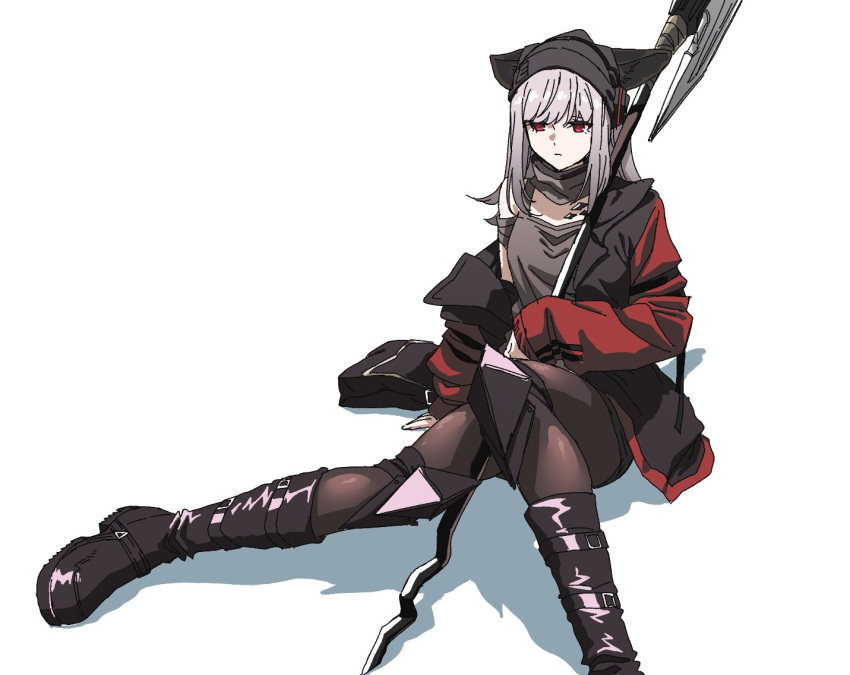 1girl arknights armor bag beanie black_footwear black_headwear black_legwear boots breasts closed_mouth ears_through_headwear expressionless foot_out_of_frame frostleaf_(arknights) grey_shirt halberd hat holding holding_polearm holding_weapon jacket knee_boots knee_pads knees_together_feet_apart long_hair off_shoulder open_clothes open_jacket oripathy_lesion_(arknights) pantyhose polearm red_eyes red_jacket shadow shirt silver_hair simple_background sitting small_breasts solo straight_hair sunomono weapon white_background