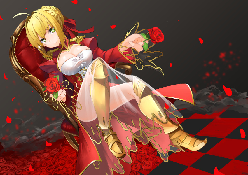 1girl ahoge bangs braid breasts chair dress eyebrows_behind_hair eyebrows_visible_through_hair fate/extra fate/extra_ccc fate/grand_order fate_(series) flower green_eyes hair_between_eyes highres hitotose_hirune holding holding_flower looking_at_viewer military military_uniform nero_claudius_(fate) petals red_dress rose short_hair sitting smile solo uniform veil