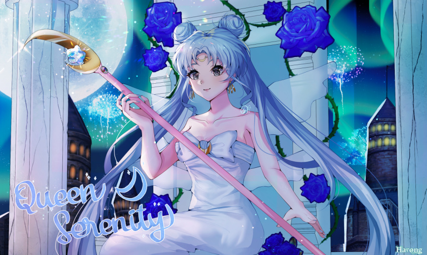 1girl bangs bare_arms bare_shoulders bishoujo_senshi_sailor_moon blue_flower blue_nails blue_rose bow character_name closed_mouth collarbone crescent crescent_brooch crescent_facial_mark crescent_wand double_bun dress earrings facial_mark fingernails fireworks flower grey_eyes harong holding holding_staff jewelry long_hair looking_at_viewer moon_stick outdoors parted_bangs pillar queen_serenity rose sitting smile solo staff strapless strapless_dress twintails white_bow white_dress white_hair