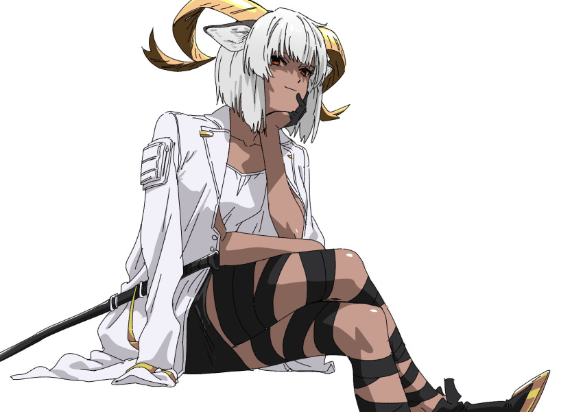 1girl animal_ears arknights black_footwear black_gloves black_ribbon black_skirt breasts carnelian_(arknights) closed_mouth crossed_legs dark-skinned_female dark_skin feet_out_of_frame gloves goat_ears goat_girl goat_horns hand_on_own_cheek hand_on_own_face highres horns invisible_chair jacket jacket_on_shoulders leg_wrap looking_at_viewer miniskirt open_clothes open_jacket pencil_skirt red_eyes ribbon scabbard sheath sheathed shirt short_hair silver_hair simple_background sitting skirt small_breasts smirk solo sunomono sword weapon white_background white_jacket white_shirt