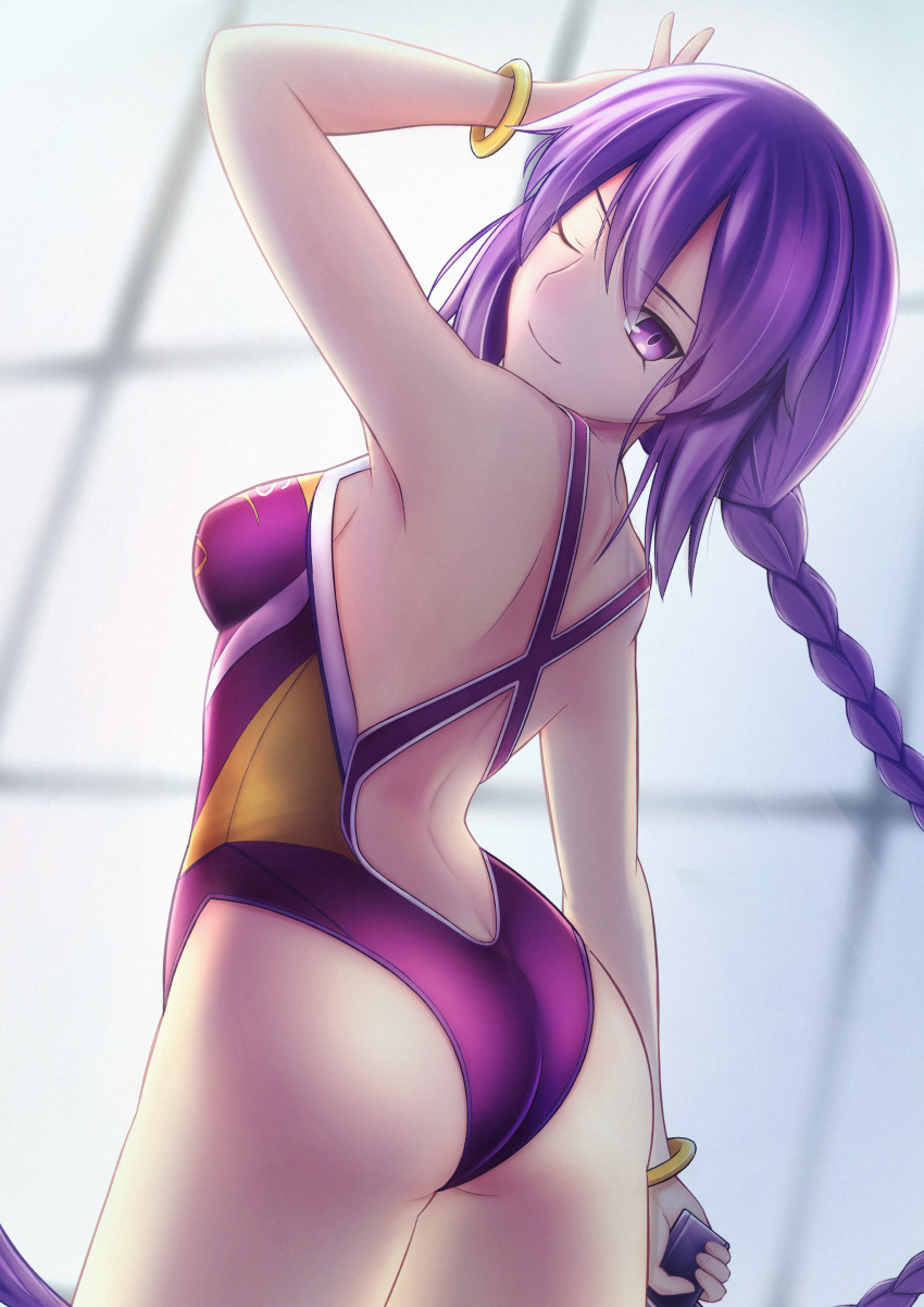 1girl ;) absurdres arm_up ass backless_swimsuit bangs bare_arms bracelet braid braided_ponytail breasts competition_swimsuit female_ass from_behind hair_between_eyes head_tilt highres hisato_nago jewelry legs legs_together long_braid long_hair looking_at_viewer melty_blood one-piece_swimsuit one_eye_closed ponytail purple_hair purple_swimsuit shoulder_blades sideboob sion_eltnam_atlasia smile solo swimsuit thighs tsukihime two-tone_swimsuit type-moon very_long_hair violet_eyes wink winking