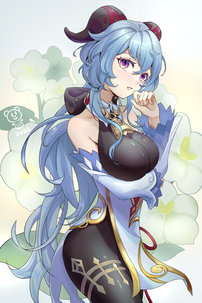 1girl arm_under_breasts bear_minstrel bell black_bodysuit blue_hair bow breasts cowbell dated feet_out_of_frame female flower ganyu_(genshin_impact) genshin_impact gold_trim hair_between_eyes hair_bow half-closed_eyes highres horns large_breasts long_hair long_sleeves looking_at_viewer neck_bell no_gloves parted_lips purple_eyes qingxin_flower solo thighlet very_long_hair white_flower