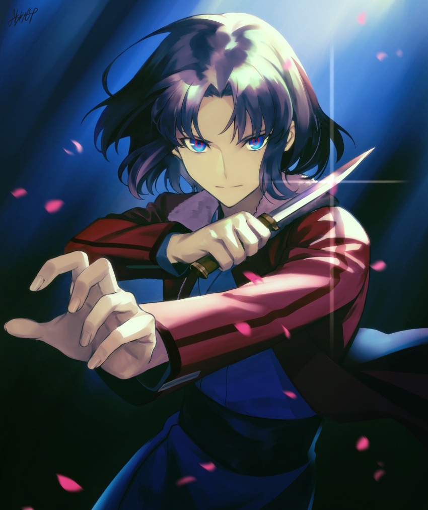 1girl bangs black_hair blue_eyes blue_kimono closed_mouth commentary_request fingernails flyby64 fur-trimmed_jacket fur_trim highres holding holding_weapon jacket japanese_clothes kara_no_kyoukai kimono knife long_sleeves looking_at_viewer mystic_eyes_of_death_perception obi open_clothes open_jacket parted_bangs petals red_jacket ryougi_shiki sash serious short_hair signature solo upper_body weapon