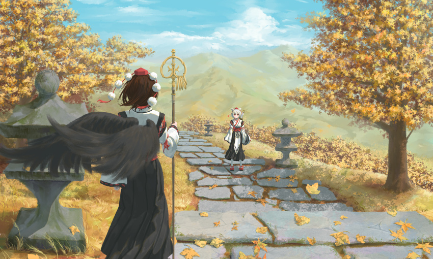 2girls absurdres animal_ears autumn_leaves black_skirt black_wings blue_sky brown_hair cobblestone falling_leaves fasnakegod feathered_wings feet_out_of_frame full_body hat highres holding inubashiri_momiji kourindou_tengu_costume leaf long_skirt long_sleeves mountainous_horizon multiple_girls pavement pom_pom_(clothes) red_footwear red_headwear red_ribbon red_tassel ribbon ribbon-trimmed_sleeves ribbon_trim shakujou shameimaru_aya silver_hair skirt sky staff stone_lantern tassel tokin_hat touhou tree white_legwear wings wolf_ears