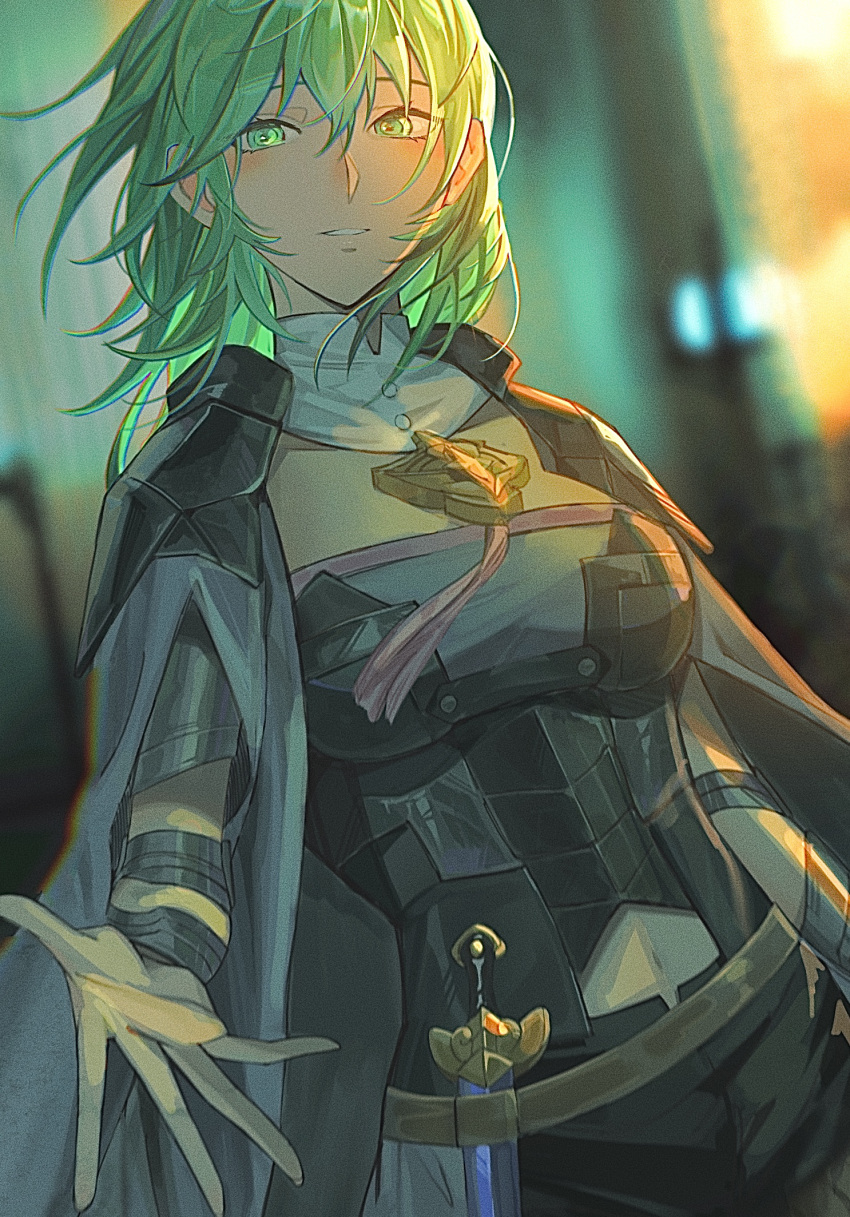 armor bangs black_shorts breasts byleth_(fire_emblem) byleth_eisner_(female) cape detached_collar dutch_angle fire_emblem fire_emblem:_three_houses floating_hair green_eyes green_hair grey_cape hair_between_eyes highres large_breasts long_hair looking_at_viewer midriff navel outstretched_hand parted_lips short_shorts shorts shoulder_armor smile solo stomach toho10min