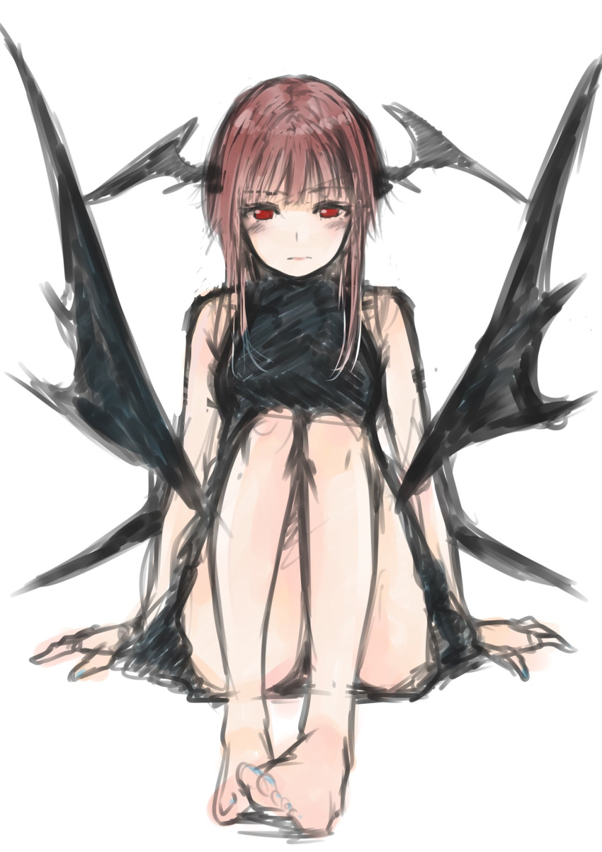 1girl bare_shoulders barefoot bat_wings black_dress closed_mouth dress expressionless feet full_body highres knees_up koakuma leaning_back looking_at_viewer low_wings nagata_nagato red_eyes redhead simple_background sitting sketch solo toes touhou white_background wings