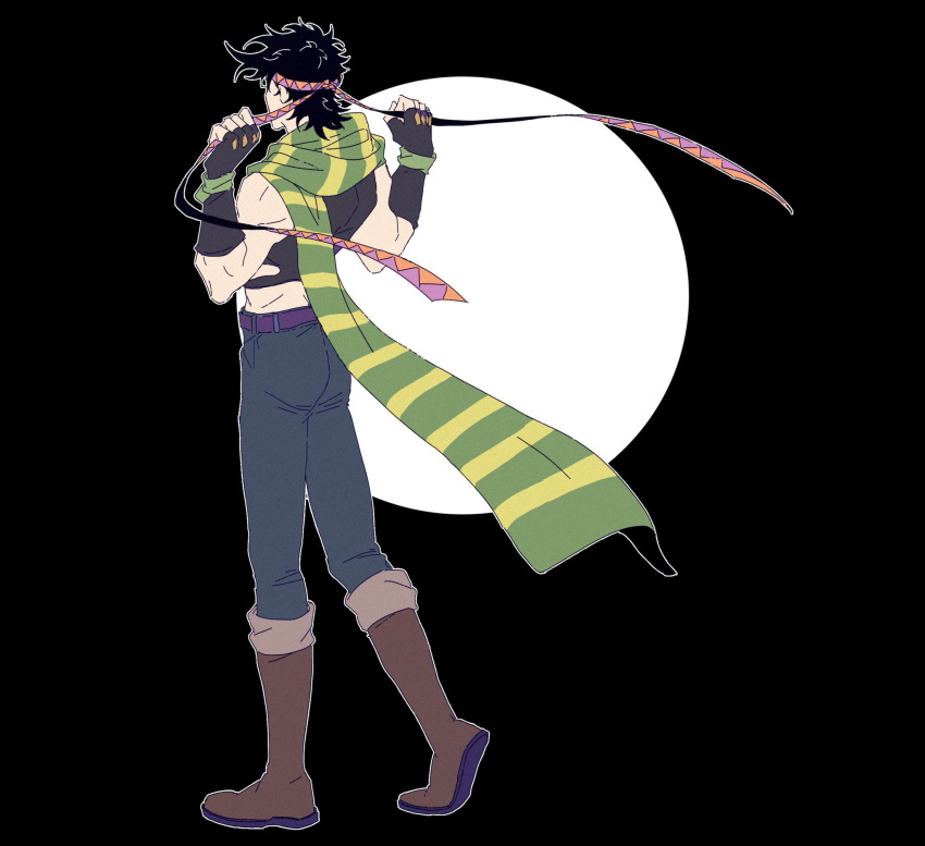 1boy battle_tendency black_hair boots crop_top denim fingerless_gloves from_behind gloves green_scarf headband highres jeans jojo_no_kimyou_na_bouken joseph_joestar joseph_joestar_(young) knee_boots male_focus midriff multicolored_clothes multicolored_scarf pants pickieeeee scarf solo striped striped_scarf triangle_print vertical-striped_scarf vertical_stripes yellow_scarf