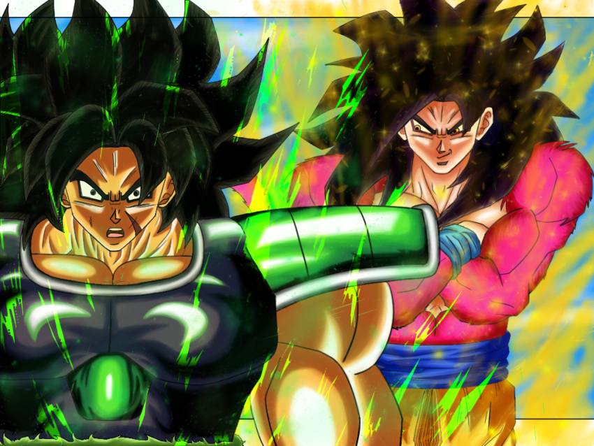 2boys absurdres alternate_universe aura black_hair broly_(dragon_ball_super) commentary crossed_arms dragon_ball dragon_ball_gt dragon_ball_super dragon_ball_super_broly english_commentary highres incredibly_absurdres looking_at_another male_focus md5_mismatch multiple_boys muscular muscular_male open_mouth pants pectorals red_fur resolution_mismatch saiyan_armor scar scar_on_cheek scar_on_face self_upload smirk sombra_xeno son_goku source_smaller spiky_hair super_saiyan super_saiyan_4 teeth upper_teeth yellow_pants