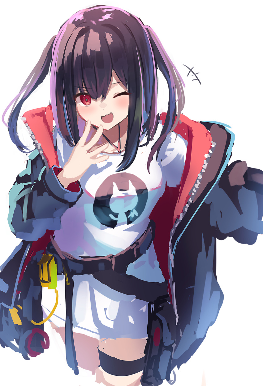 +++ 1girl ;d arknights bangs belt black_coat black_hair blush closure_(arknights) coat cropped_legs dress eyebrows_visible_through_hair hand_up highres laughing long_hair long_sleeves looking_at_viewer one_eye_closed open_clothes open_coat open_mouth red_eyes shoa_tksm simple_background smile solo thigh_strap two_side_up white_background white_dress