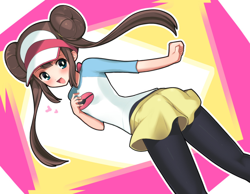 1girl :d blue_eyes blush bow brown_hair brown_legwear clenched_hand commentary_request double_bun floating_hair hand_up heart legwear_under_shorts long_hair looking_back moon_setuna open_mouth outline pantyhose pink_bow pokemon pokemon_(game) pokemon_bw2 raglan_sleeves rosa_(pokemon) shiny shiny_clothes short_shorts shorts smile solo tongue twintails visor_cap yellow_shorts