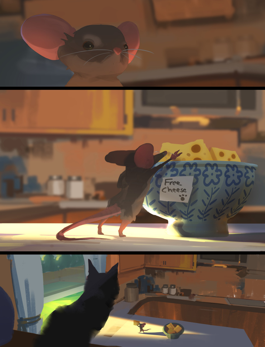 absurdres animal animal_focus bowl cabinet carrying cat cheese close-up curtains english_commentary food grass highres jar kitchen looking_at_another mouse no_humans original painting panels reaching road shadow sink sketch snatti standing street table window