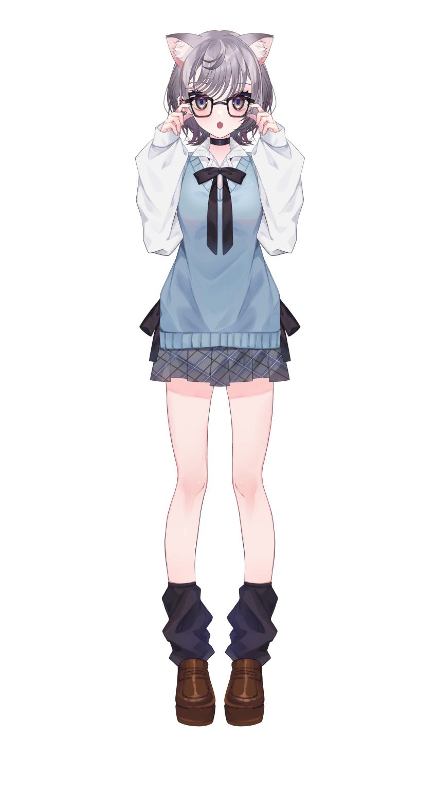 1girl :o absurdres animal_ear_fluff animal_ears black_bow black_choker blue_vest bow breasts cat_ears cat_girl choker collared_shirt eyebrows_behind_hair glasses grey_eyes grey_skirt hands_on_eyewear highres indie_virtual_youtuber kom0980 medium_breasts official_art open_mouth school_uniform shirt short_hair skirt solo tube_socks vest virtual_youtuber white_background white_shirt yukhoe_(vtuber)