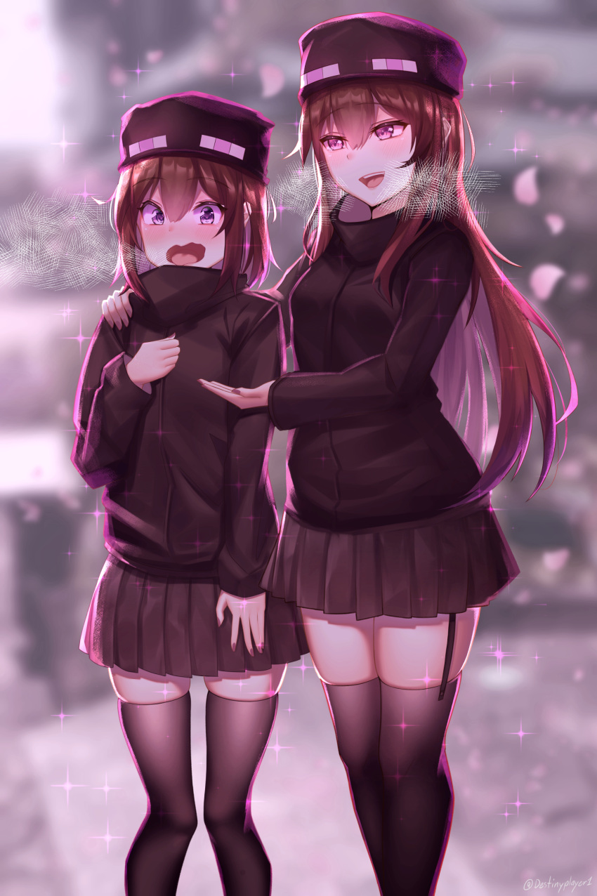 2girls ander_(at2.) black_legwear black_skirt blush borrowed_character destinyplayer1 enderman eyebrows_visible_through_hair garter_straps highres long_hair long_sleeves looking_at_another minecraft multiple_girls open_mouth personification pleated_skirt purple_nails short_hair skirt smile thigh-highs violet_eyes