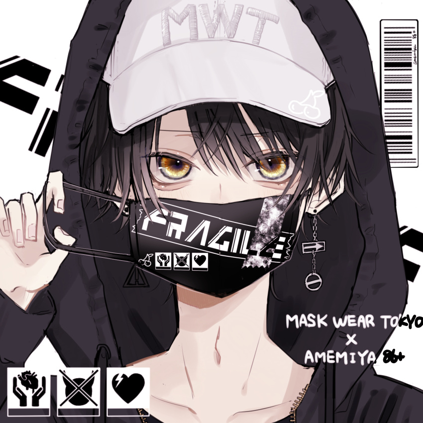 1boy black_hair brown_eyes cover ear_piercing earrings fake_magazine_cover hat highres jewelry looking_at_viewer magazine_cover male_focus mask mouth_mask myuhuaki original pale_skin piercing solo