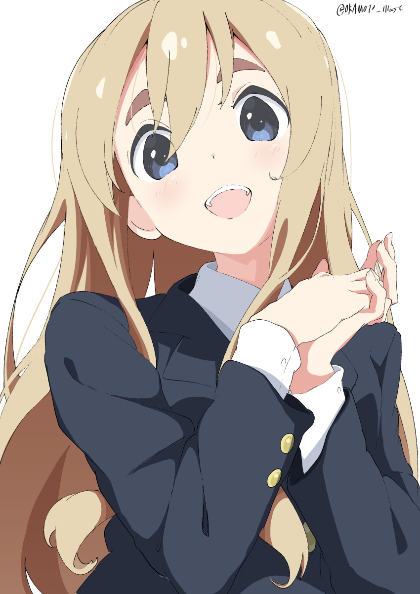 1girl absurdres bangs black_jacket blonde_hair blue_eyes collared_shirt commentary eyebrows_behind_hair hair_between_eyes highres jacket k-on! kotobuki_tsumugi long_hair long_sleeves looking_at_viewer open_mouth own_hands_together sakuragaoka_high_school_uniform school_uniform shirt simple_background smile solo teeth thick_eyebrows twitter_username upper_body upper_teeth white_background white_gorilla_(okamoto) white_shirt